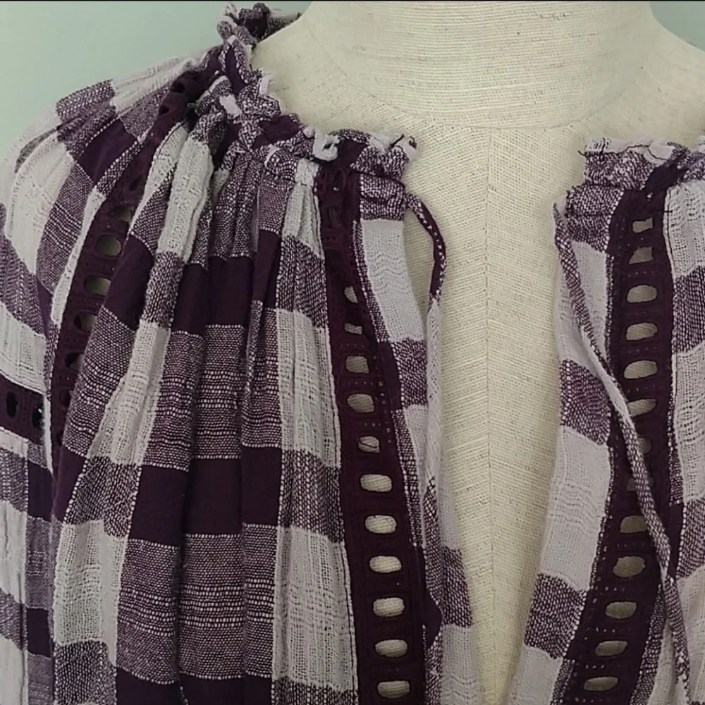 Free People Blouse Peasant Plaid V-Neck Tassel Tie Gauzy Cotton Plum White M NWT